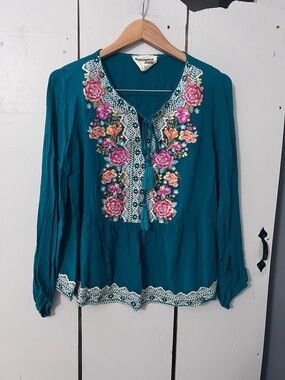 Anthropologie Savanna Jane Blouse Floral  Embroidered Boho Peasant Cottagecore L